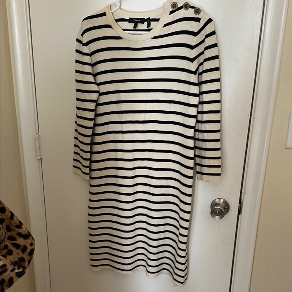 Theory Women's Long Sleeve Dress - Black and Cream Stripes